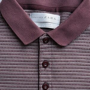 Zara Men's Maroon Patterned Polo Shirt